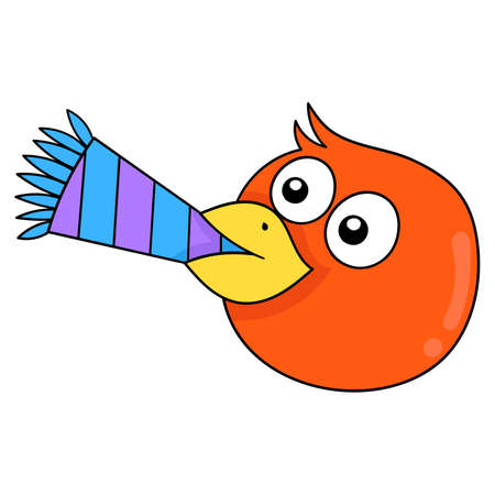 the bird is celebrating the new year party blowing the trumpet, vector illustration carton emoticon. doodle icon drawingのイラスト素材