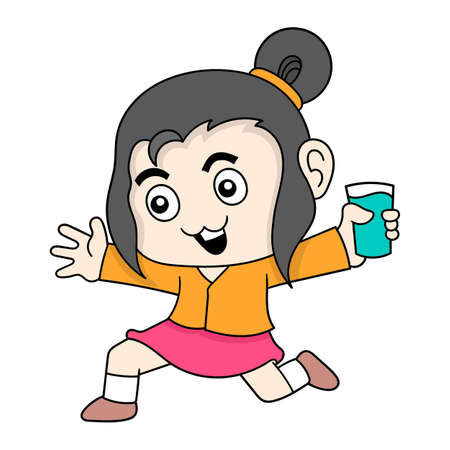 little girl taking care of health often drinking mineral water, vector illustration art. doodle icon image kawaii.のイラスト素材