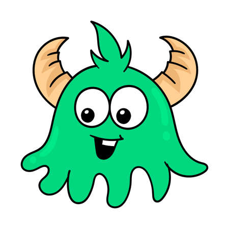 the head of the horned monster with a friendly smiling face, vector illustration carton emoticon. doodle icon drawingのイラスト素材