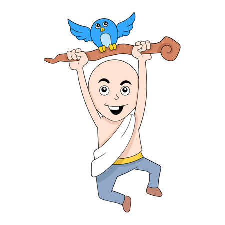 The bald monk is flying by a little bird into the sky, vector illustration art. doodle icon image kawaii.のイラスト素材