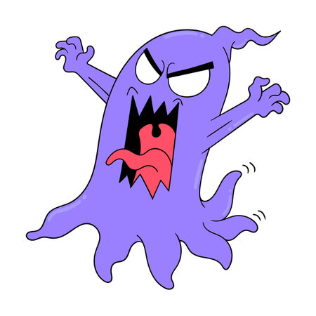 scary-faced purple ghost on halloween night, vector illustration art. doodle icon image kawaii.のイラスト素材