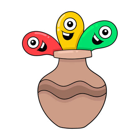 three cute monsters come out of the urn, vector illustration art. doodle icon image kawaii.のイラスト素材