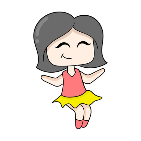beautiful girl with short hair is happily dancing ballet, vector illustration art. doodle icon image kawaii.のイラスト素材