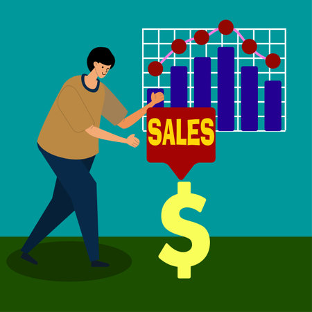 sales analysis on chart every year, concept illustration image, vector design flat backgroundの写真素材