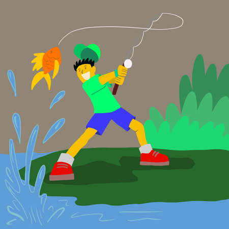 young man having fun fishing holiday in the lake, concept illustration image, vector design flat backgroundの写真素材