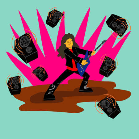 rock and roll guitarist playing on stage, concept illustration image, vector design flat backgroundの写真素材