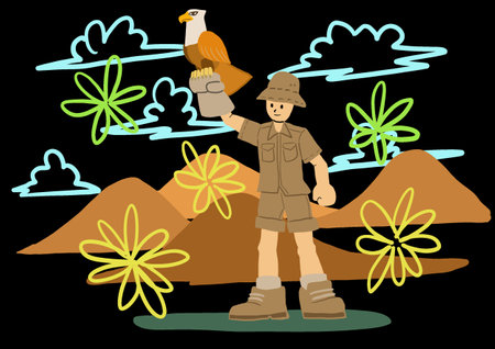 adventurer handler holding a wild eagle, concept illustration image, vector design flat backgroundの写真素材