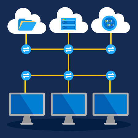 computer server data synchronize cloud storage, flat design icon drawing, vector illustrationのイラスト素材