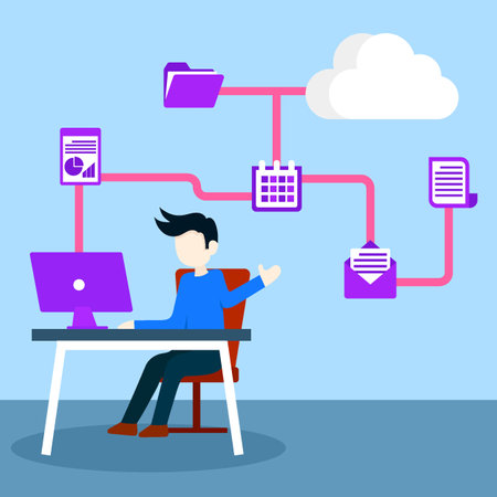 online connection working from office, flat design icon drawing, vector illustrationのイラスト素材