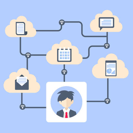 cloud data server synchronize user protection, flat design icon drawing, vector illustrationのイラスト素材