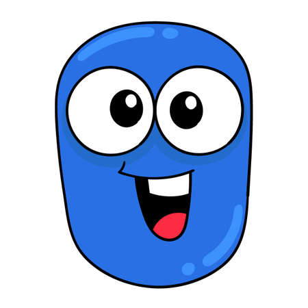 blue oval faced monster head laughing happily, vector illustration art. doodle icon image kawaii.のイラスト素材