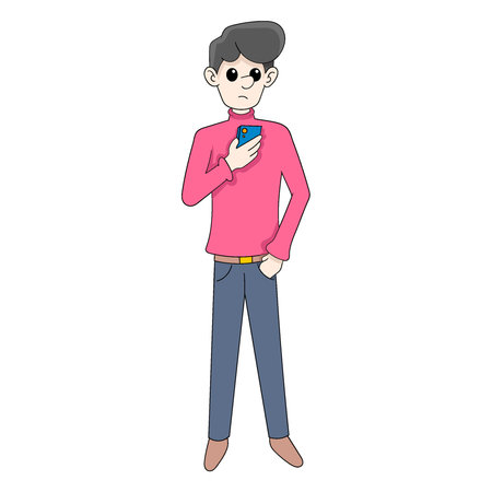 illustration of boy standing holding smartphone for communication. vector design illustration artのイラスト素材