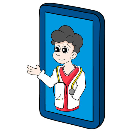 illustration of a male doctor serving a consultation patient via cellphone. vector design illustration artのイラスト素材