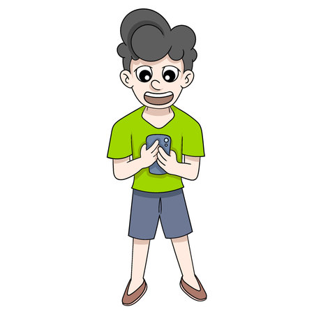 illustration of a man with a laughing face carrying a mobile phone getting a happy message. vector design illustration artのイラスト素材