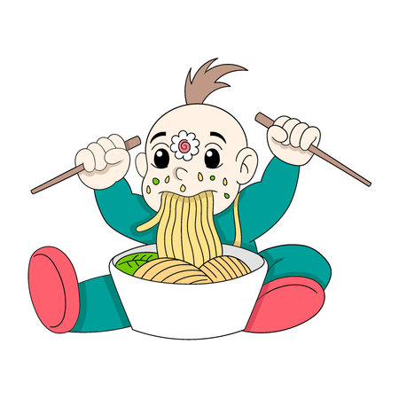 baby boy is starving eating noodles messy. vector design illustration artのイラスト素材