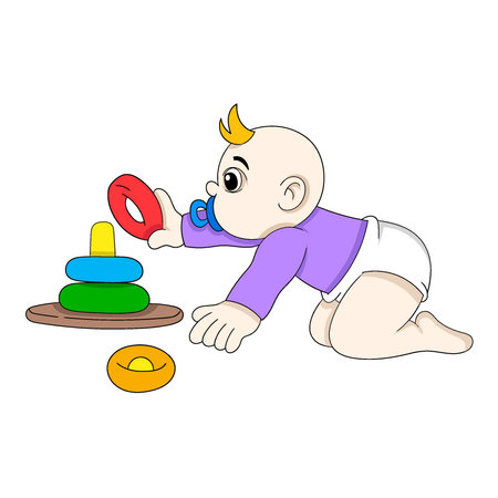 baby boy crawling playing educational toy for brain development. vector design illustration artのイラスト素材