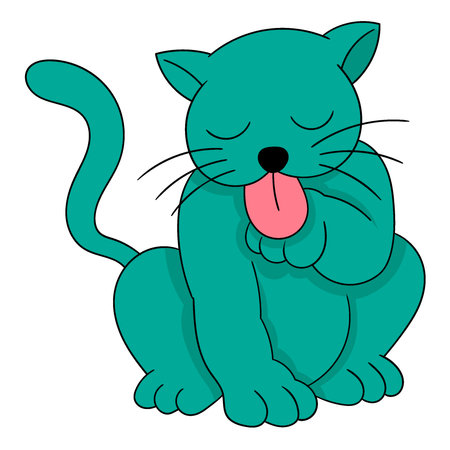 cute cat is sitting and licking his hand. vector design illustration artのイラスト素材