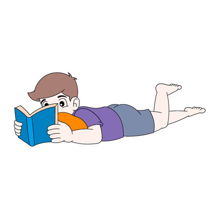 Diligent boy is lying on his stomach reading a life story book. vector design illustration artのイラスト素材
