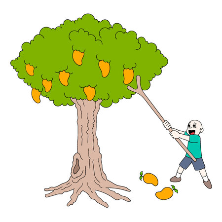 Illustration of a man with a shovel and a mango tree.のイラスト素材