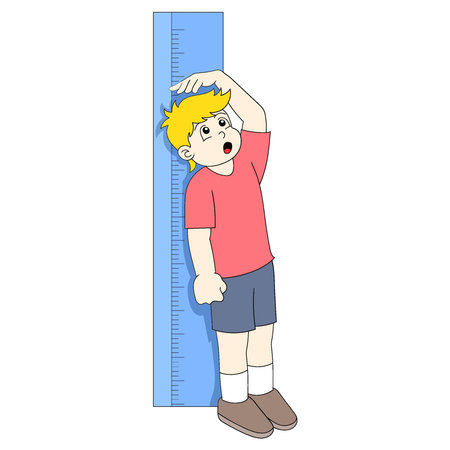 Boy is curious to measure height. vector design illustration artのイラスト素材