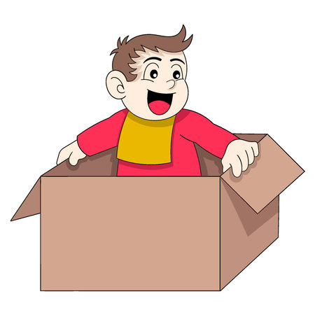 boy is playing climbing fantasy in the box. vector design illustration artのイラスト素材