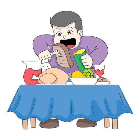 the fat boy was greedily eating all the food on the table. vector design illustration artのイラスト素材