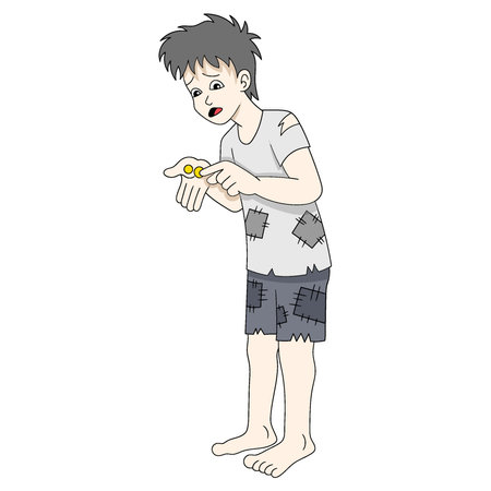 poor teenager is sad counting the money that is not enough to share food. vector design illustration artのイラスト素材