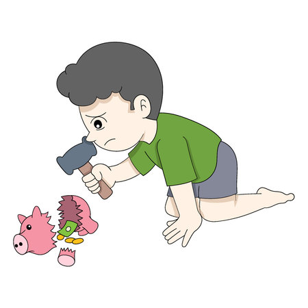 a sad faced boy broke his piggy bank to buy a toy. vector design illustration artのイラスト素材