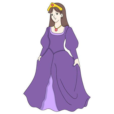 beautiful queen woman wearing golden crown and beautiful purple dress. vector design illustration artのイラスト素材