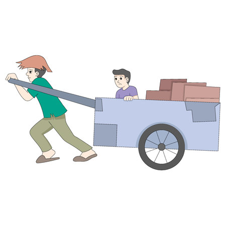 a homeless poor man is pulling a cart where he lives. vector design illustration artのイラスト素材