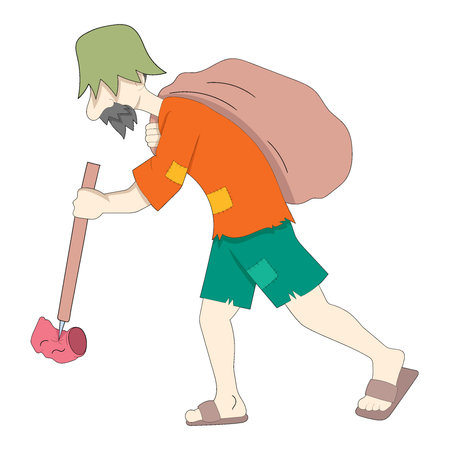 a skinny old scavenger was collecting trash in big bags. vector design illustration artのイラスト素材