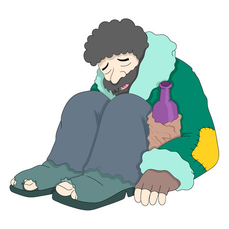 homeless man is sitting with a shabby and pitiful look. vector design illustration artのイラスト素材