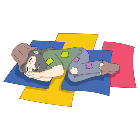 homeless man is sleeping pity on paper stranded on the floor. vector design illustration artのイラスト素材