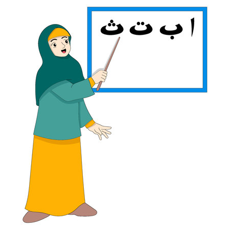 beautiful Islamic girl is teaching reading Arabic letters. vector design illustration artのイラスト素材