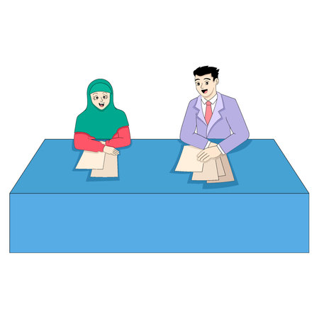 male and female reporters sitting doing a live broadcast. vector design illustration artのイラスト素材