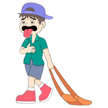 boy came home from school limp because of hunger stomach ache. vector design illustration artのイラスト素材