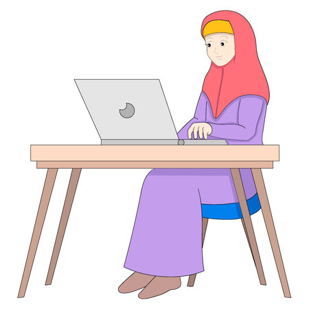 islamic girl is working from home for international. vector design illustration artのイラスト素材