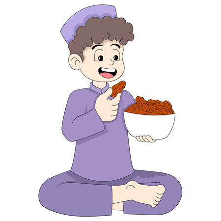 Islamic boy is sitting breaking his fast eating dates. vector design illustration artのイラスト素材