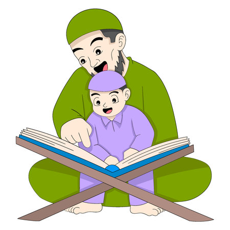 islamic family father and son reading holy bible. vector design illustration artのイラスト素材