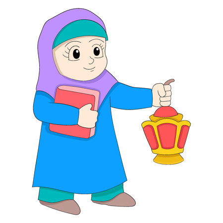 islamic girl is walking carrying lantern and holy book. vector design illustration artのイラスト素材