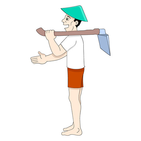 the old farmer was walking with a hoe to go to the fields happily. vector design illustration artのイラスト素材
