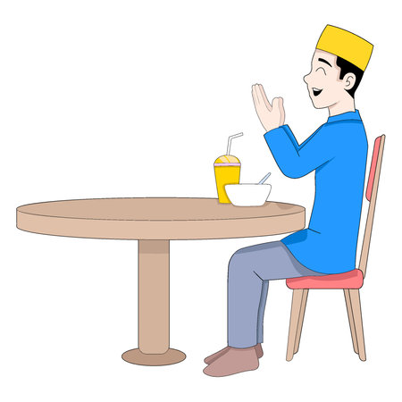 Muslim boy is sitting praying going to eat iftar. vector design illustration artのイラスト素材