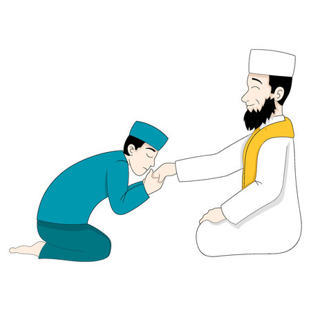 islamic boy is kissing his father hand, vector design illustration artのイラスト素材