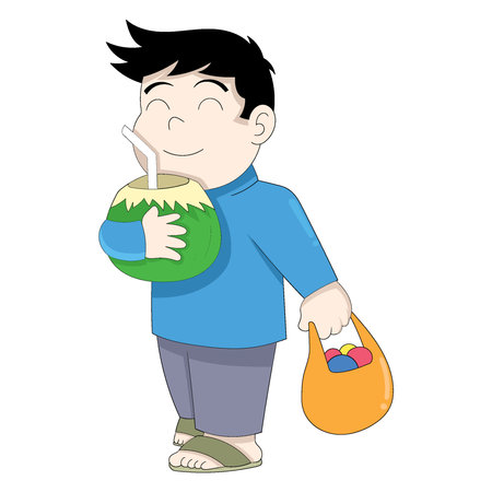 cheerful faced boy walking while drinking coconut, vector design illustration artのイラスト素材