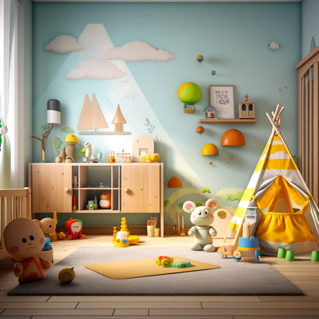 Modern wooden children bedroom with blue and pastel tones, parquet floor, desk, wardrobe, carpet, toys and decors. Interior design, 3d illustrationの素材