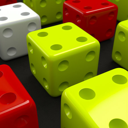 Yellow Red and White Dice on a black backgroundの素材