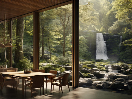 ai generated images, 3d rendering living room near from waterfall forestの素材