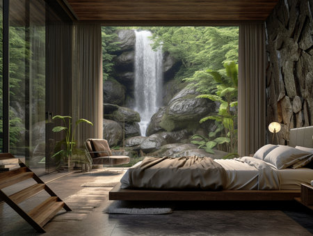 ai generated images, 3d rendering bedroom design near a waterfallの素材
