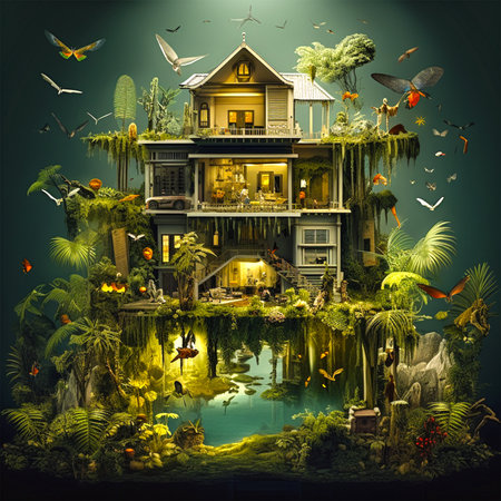 ai generated images, old house design with wood material located in the middle of the forestの素材