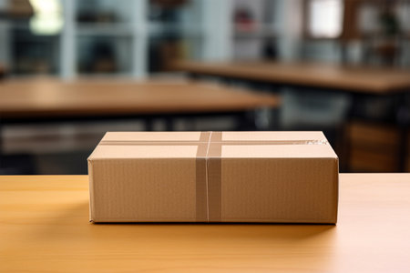 Closeup angle of cardboard on the table with hands unboxing packageの素材